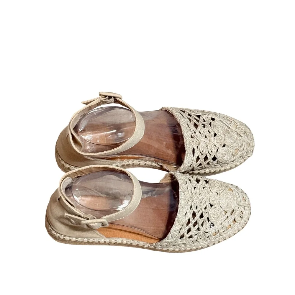 Kaari Blue Lisa Womens 7.5M Cream Crochet Espadrille Ankle Strap Flat Sandals